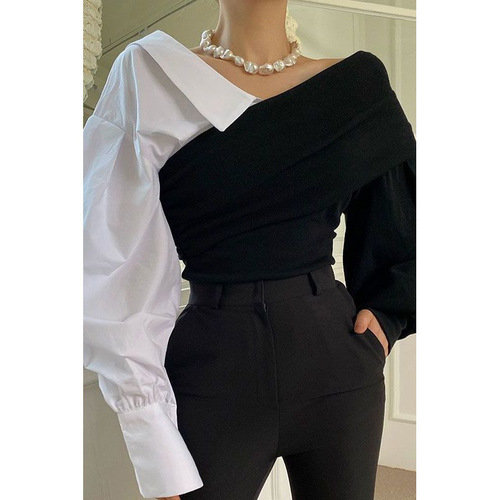 Dongdaemun early autumn one-collar shirt for women's design stitching shirt retro strapless long-sleeved top