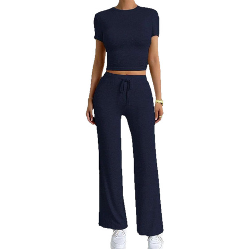 2025 Spring Cross-Border Women's Amazon Best Selling Solid Color Long Pants Short Sleeve Casual Fashion Two-Piece Set
