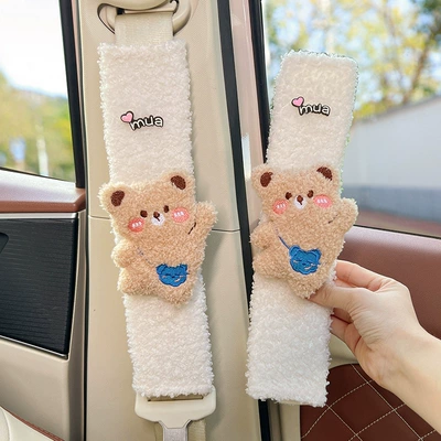 Seatbelt Shoulder Pads for Cars, High-End Creative and Cute Design for Women, Made of Lamb Wool, Non-Tightening, Non-Shedding, Extended Belt Covers (Seat belt shoulder pad) - shoulder-bag-brown-bear-white-lambswool-shoulder-pads-30cm-pair