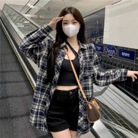 幂式穿搭格子衬衫女春秋韩系慵懒风复古宽松开长袖衬衣上衣衫外套