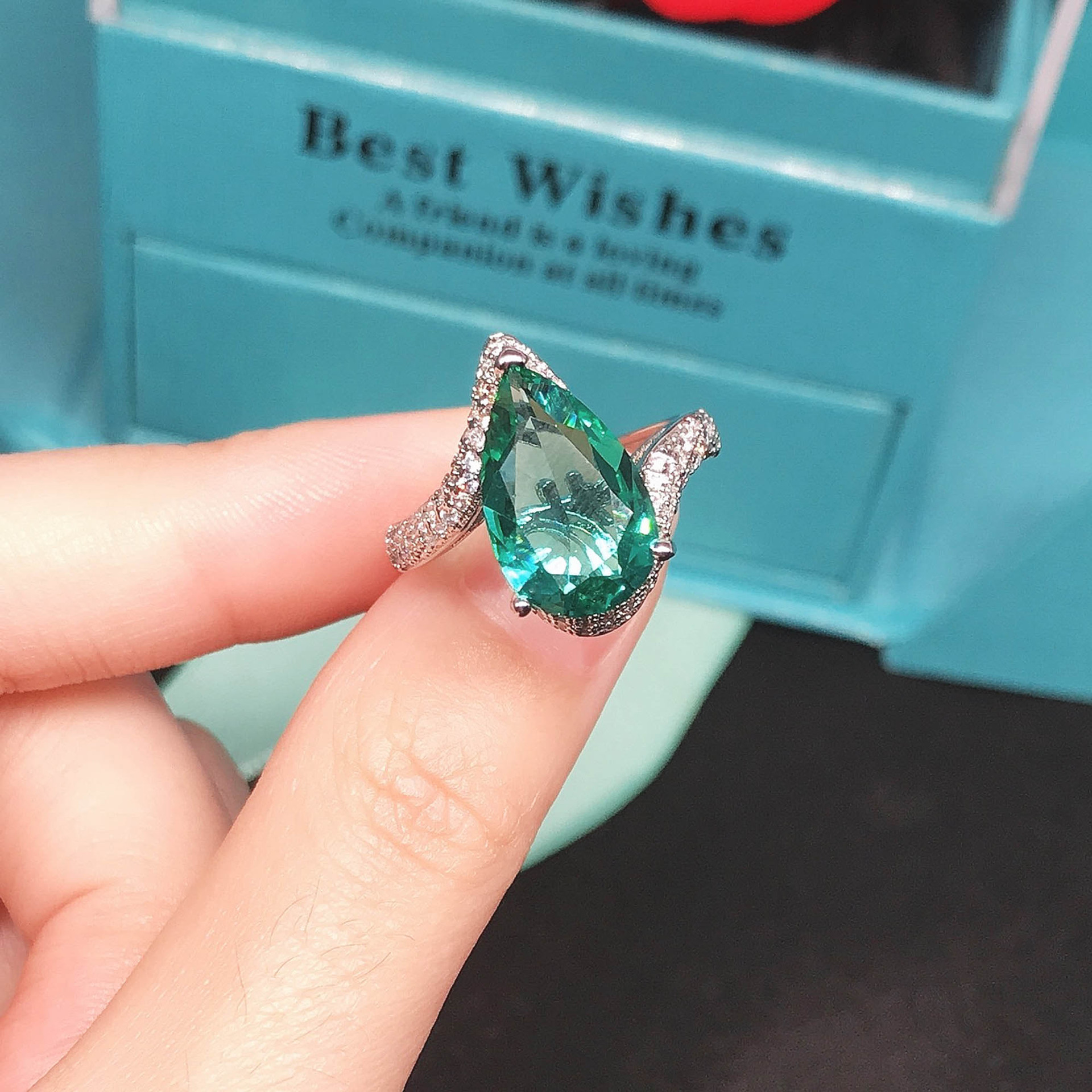 Live Broadcast New Simulation Palaiba Tourmaline Ring Big Carat Water Drop Pear-shaped Synthetic Colored Gems Open Ring display picture 7