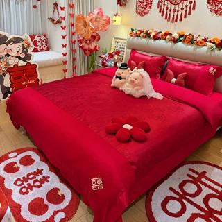 婚庆提花四件套结婚喜庆床上用品红色被套喜被婚礼送礼被子一整套