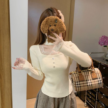 韩版镂空挂脖纯欲蕾丝拼接针织衫秋冬季新款长袖打底衫套头上衣女