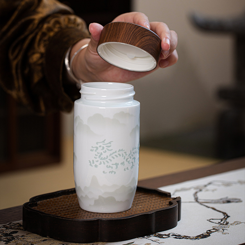 景德镇双层陶瓷水杯玲珑纯瓷内胆带盖保温杯男女养生车载高档茶杯