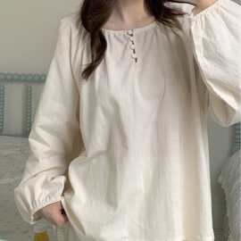 韩国ins女士秋季新品韩版舒适复古麻棉蕾丝家居服睡衣套装批发女