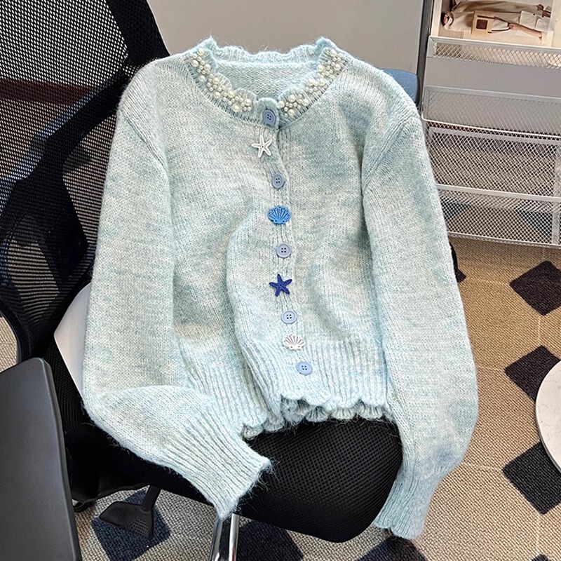 Beaded Round Neck Long-Sleeve Knit Cardigan for Women 2026 Spring and Autumn Loose Short Sweater Coat Trendy Early Autumn Korean Style Slim Fit
