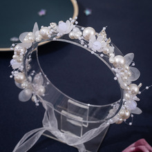 韩式新娘发带头饰手作珍珠花朵发箍配饰金色叶子编织盘发跟妆发饰