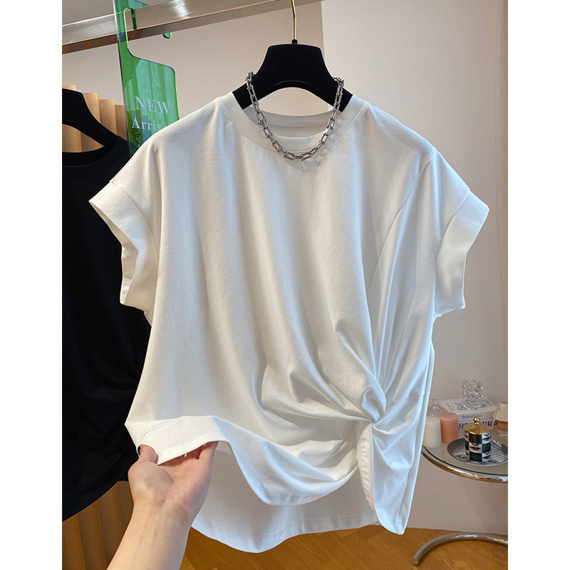 Cotton Plus-Size High-End Quality Irregular Twist-Tie Shirt for Women, Short-Sleeved, Fashionable Top with Flutter Sleeves Cotton Plus-Size High-End Quality Irregular Twist-Tie Shirt for Women, Short-Sleeved, Fashionable Top with Flutter Sleeves