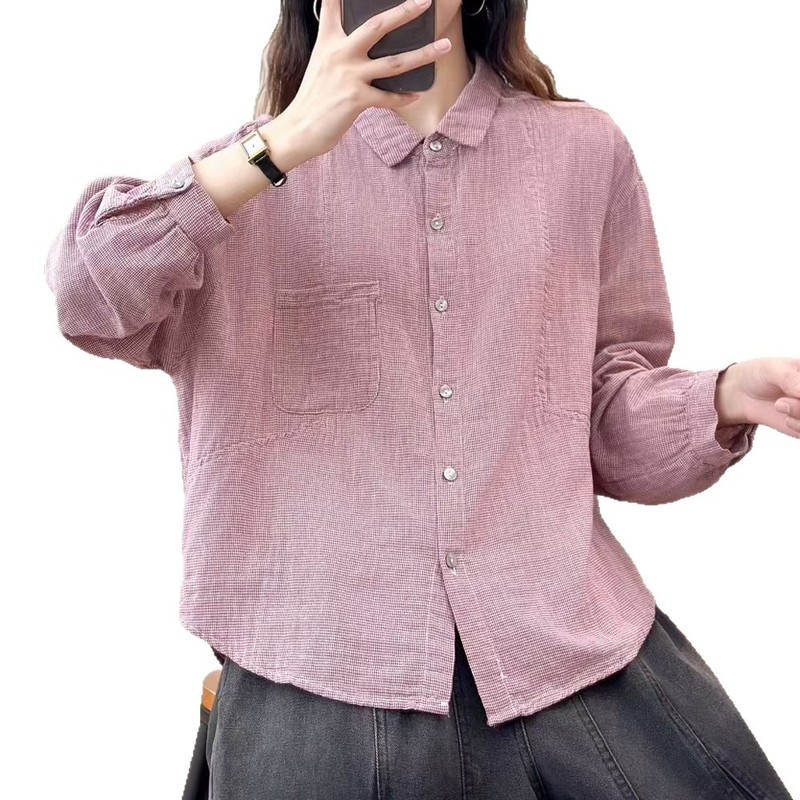 双层格子棉纱复古英伦风条纹翻领棉纱长袖衬衫百搭通勤休闲显瘦上|undefined