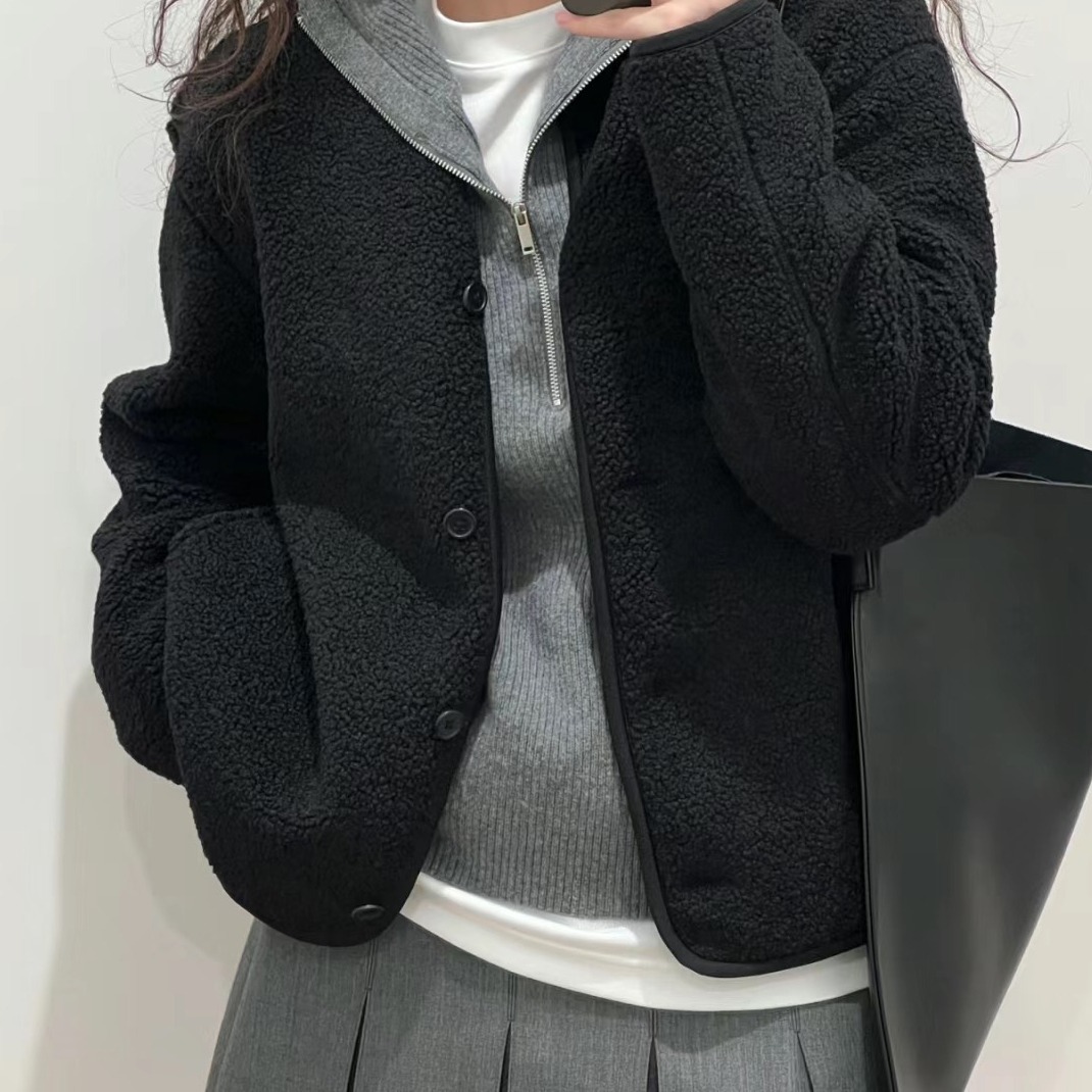 巨暖！单仿羊羔绒摇粒绒宽松圆领保暖长袖开衫外套女461660