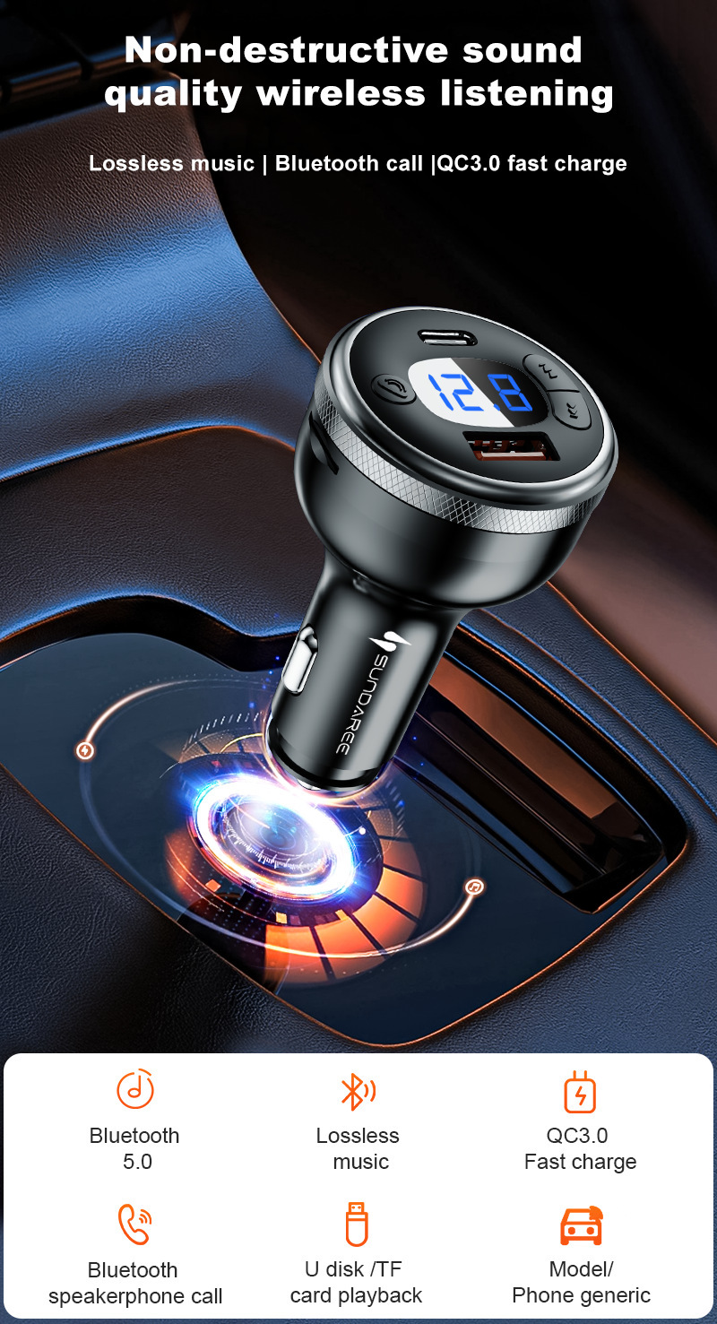 Cross-Border Bluetooth 5.0 Car Mobile Phone Charger Super Fast Charging Digital Display Mp3 Player USB Flash Drive Call Car Charger