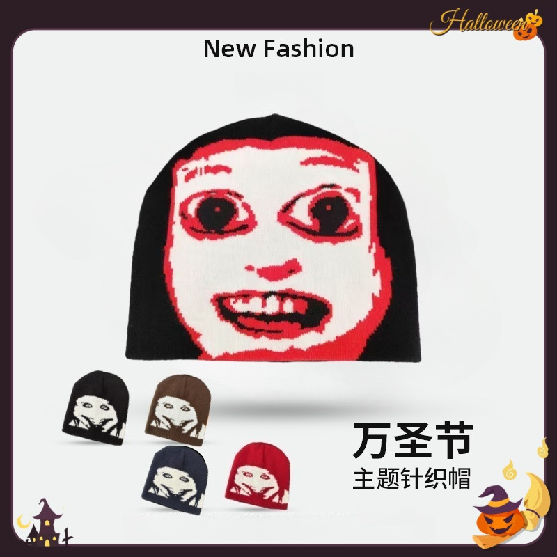 跨境新款万圣节帽子欧美街头搞怪嘻哈针织帽秋冬季保暖撞色毛线帽|undefined