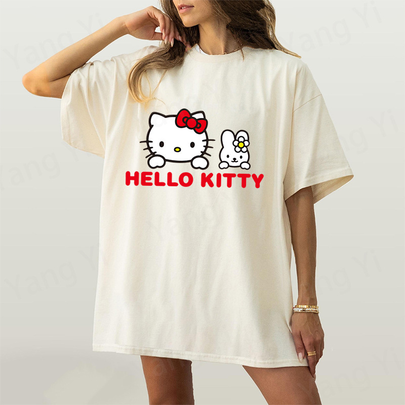 Short-Sleeved T-Shirt for Men and Women, Summer Pure Cotton, Childlike Hello Kitty, Versatile Off-Shoulder Design, Trendy Brand Top