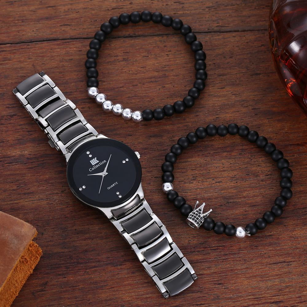 Tendenza moda maschile, quadrante personalizzato e minimalista, orologio al quarzo con cinturino in acciaio + braccialetto (3 pezzi/set)_voghion.com