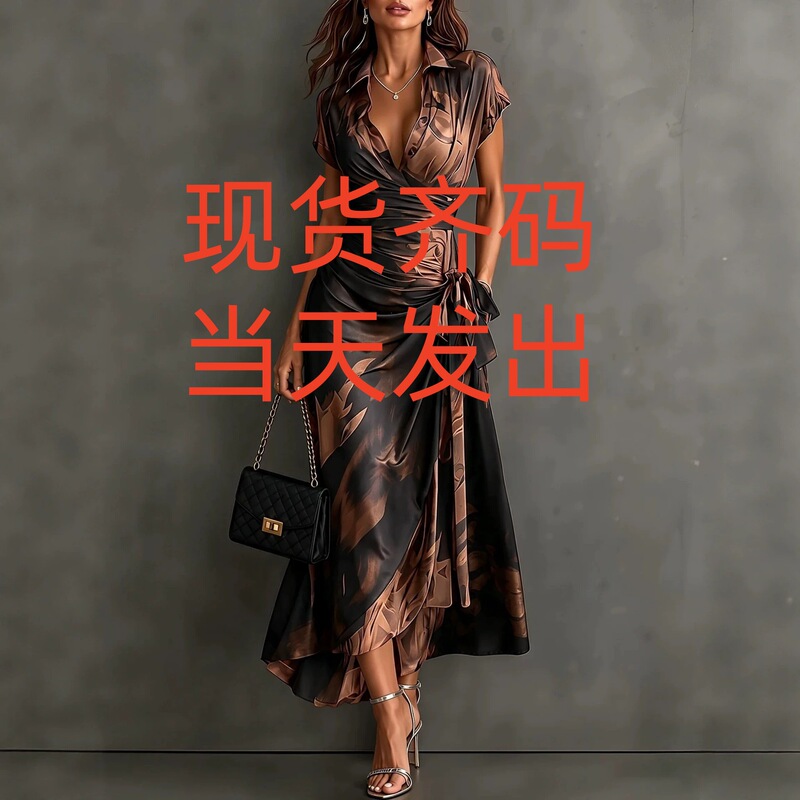 2026 European and American women's fashion: Ink-wash print, wrap-style long dress with a mandarin collar, short sleeves, a cinched waist, tie details, and a slit, creating a sophisticated and elegant look 2026 European and American women's fashion: Ink-wash print, wrap-style long dress with a mandarin collar, short sleeves, a cinched waist, tie details, and a slit, creating a sophisticated and elegant look
