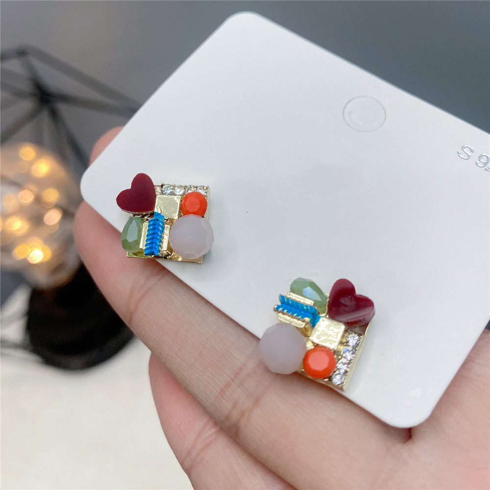 retro fresh earrings colorful love gemstone square earrings