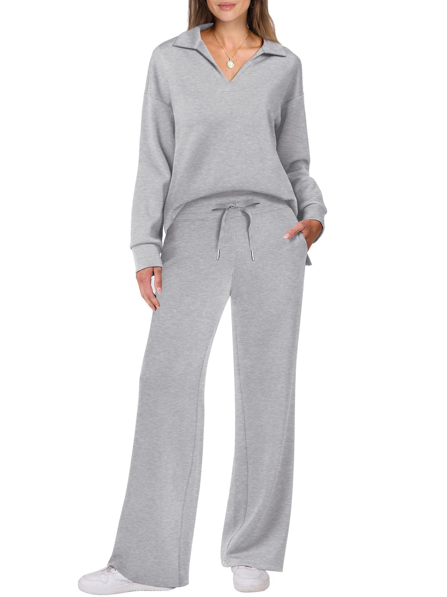 Women's Tracksuit Sports Suit V-neck Long-sleeved Pullover Top And Drawstring Straight-leg Trousers Casual Solid Trousers Set
