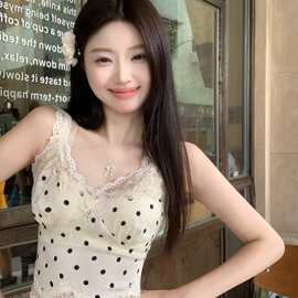 法式复古短款蕾丝波点白色吊带背心女早春外穿小众设计感无袖上衣