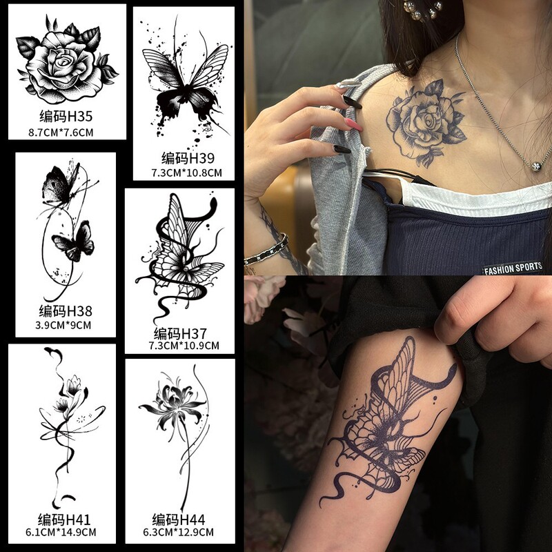H Series Black and White Butterfly Herbal Tattoo Stickers, 6 Designs: Rose, Snake, Spider Lily, Waterproof Stickers for Collarbone and Forearm