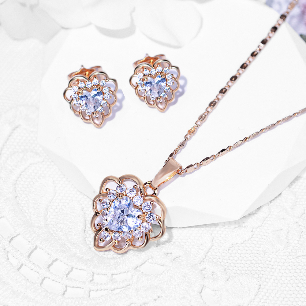 Europa y América de moda bronce incrustado gran pendientes de zircon collar conjunto de joyería pendientes de mujer colgante hermosa joyería transfronteriza