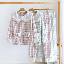 娃娃领法兰绒千鸟格睡衣套装女秋冬加绒加厚保暖可外穿家居服两件