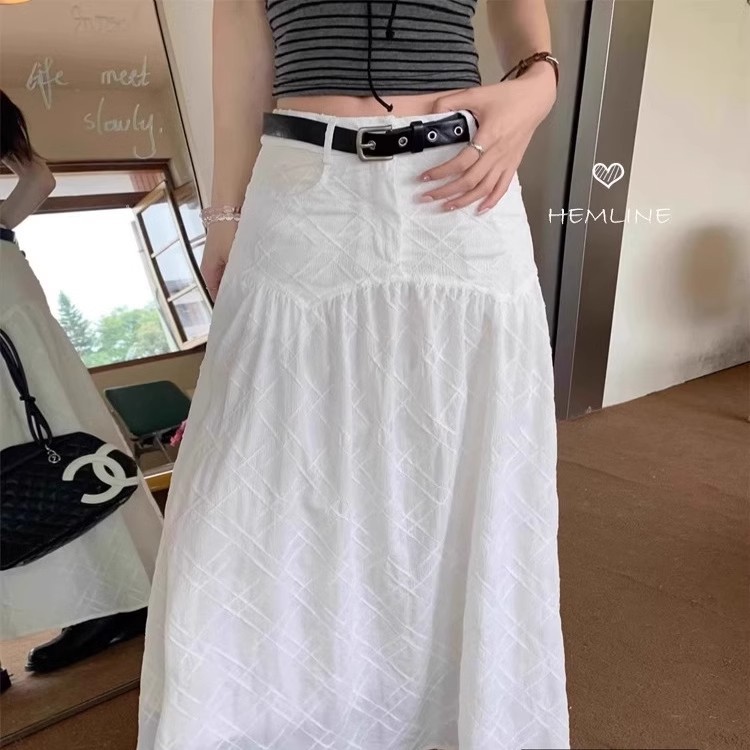 Niche three-dimensional plaid cut flower white skirt women's summer design all-match high waist A- line skirt slim long skirt
