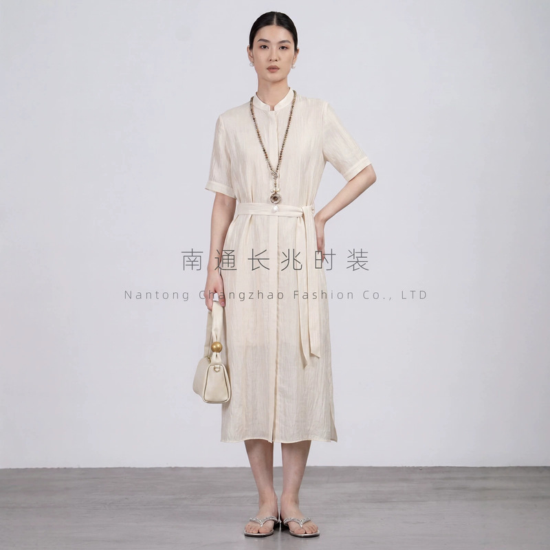 「Flowing Light」D-Made Series of Light-Textured Acetate High-Quality Lace-Up Small Stand-Up Collar Short-Sleeved Dress