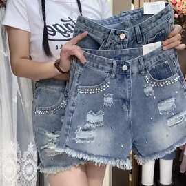 破洞珍珠毛边牛仔短裤女2026新款高腰显瘦a字宽松设计阔腿热裤潮