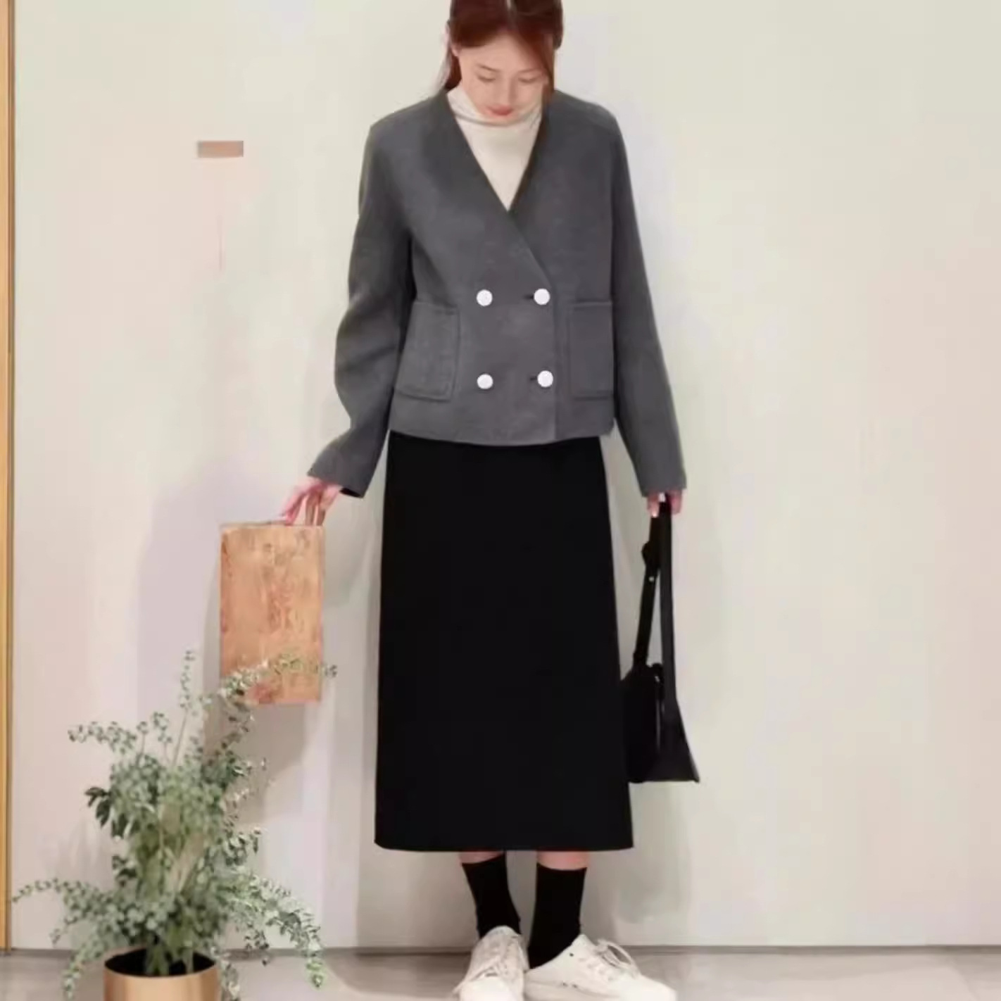 (2개) 대외 무역 오리지널 주문 가을과 겨울 새로운 여성 Z WO 양모 양면 울 V-NECK 더블 브레스트 쇼트 코트 캐주얼 재킷