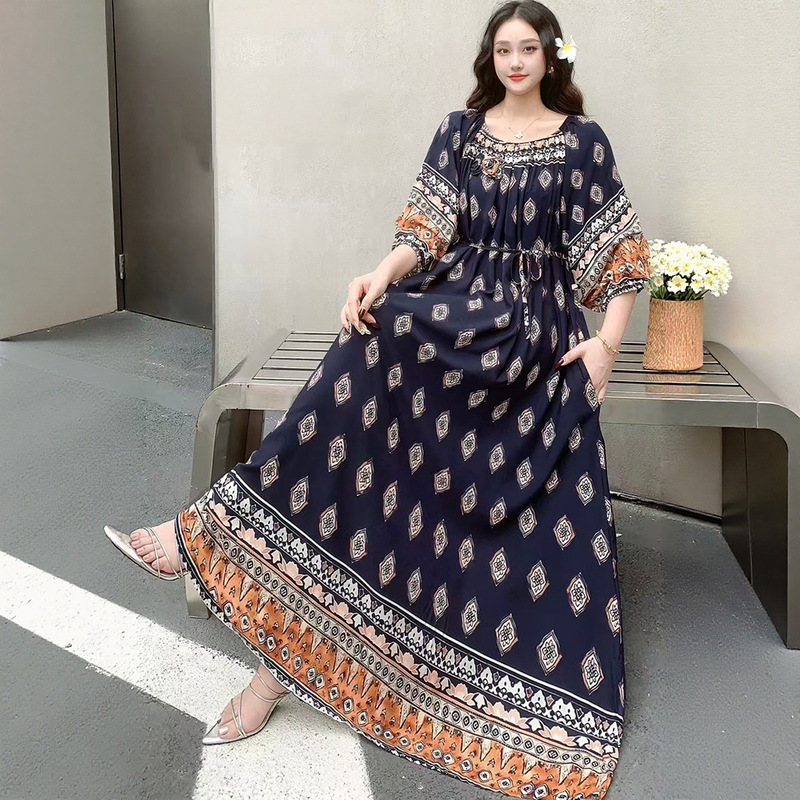Plus Size Floral Long-Sleeve Dress 100kg for Chubby Girls, Off-Shoulder Loose Maternity Dress Plus Size Floral Long-Sleeve Dress 100kg for Chubby Girls, Off-Shoulder Loose Maternity Dress
