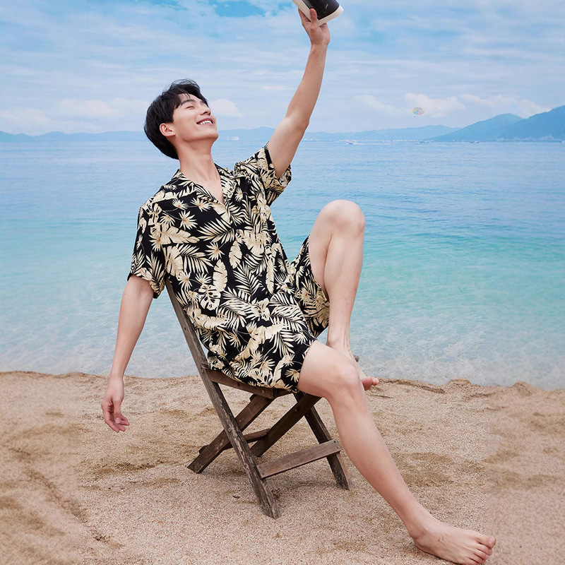 Hawaiian Style Shirt suit Men's Summer Vacation Casual Short Sleeve Shorts Beach Flower Shirt Pajamas