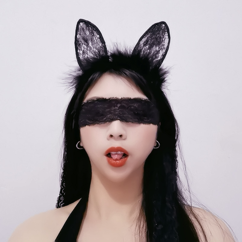 Bunny Ear Headband with Lace Eye Mask, Black Plush Costume Accessory Set — detail image 2