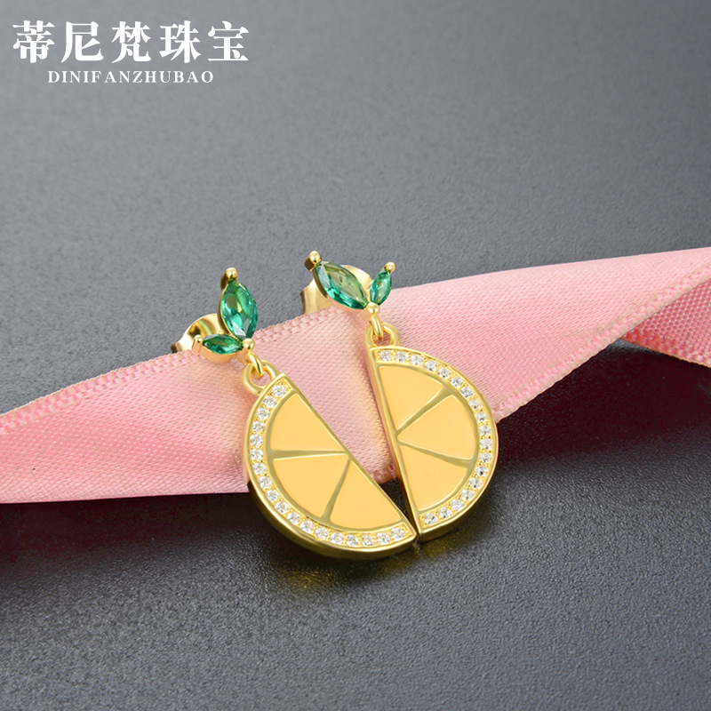 Corea del Sur dulce gota aceite fruta pendientes s925 plata esterlina con incrustaciones de cristal oro limón pieza pendientes para las mujeres