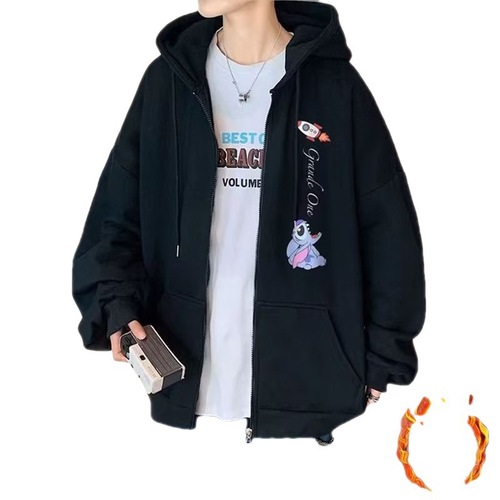 Chino Brand Zip-Up Hoodie with Fleece Outerwear for Men, Hong Kong Style, Ins Trendy, Youth Casual Cartoon Print Hooded Jacket