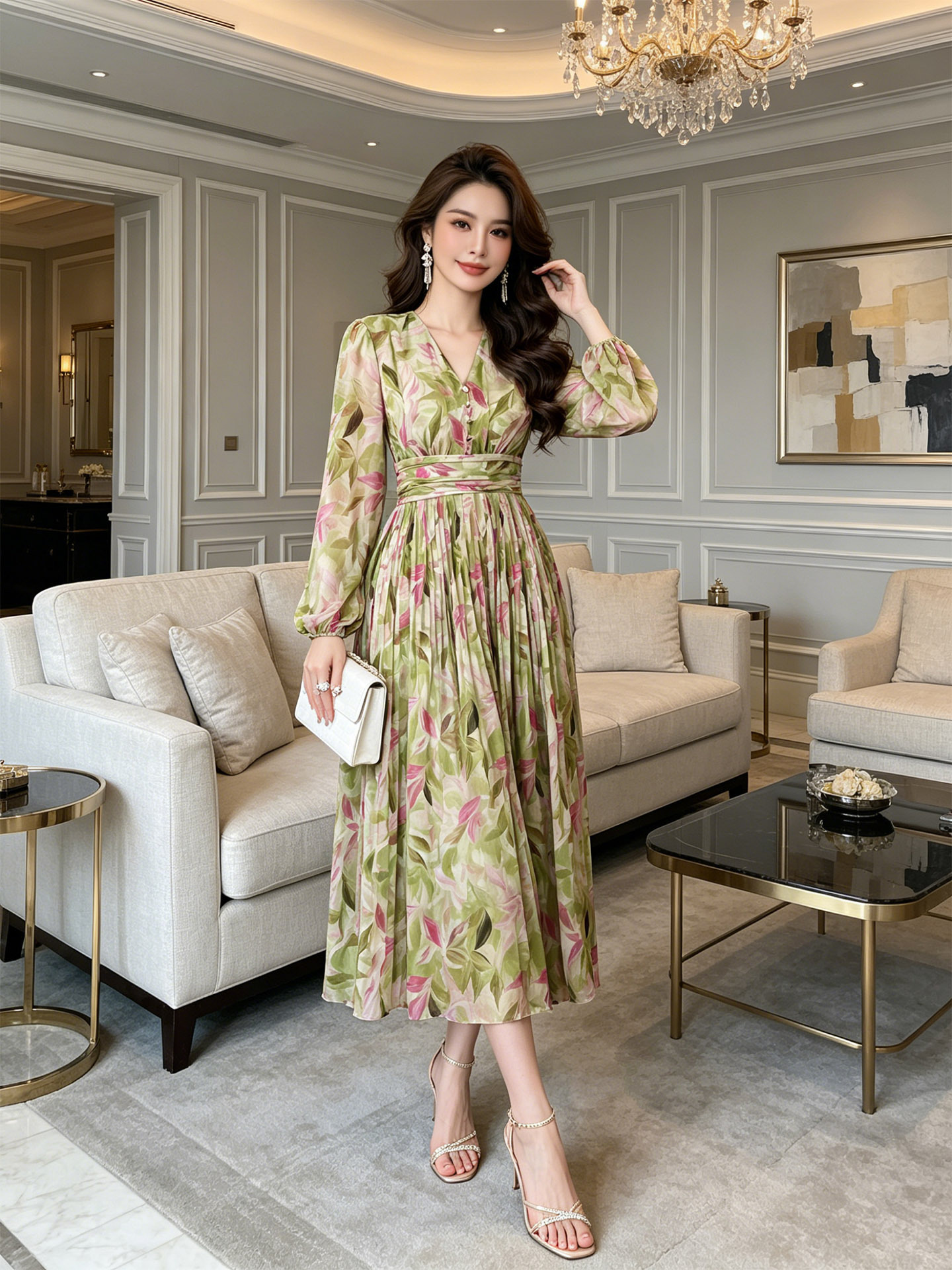 Đầm maxi nữ cổ V in họa tiết thắt eo xòe rộng dáng dài — xanh lá cây