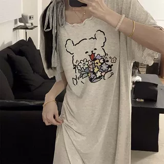 甜美短袖睡裙女卡通线条小狗柔软亲肤休闲少女中长款可外穿家居服