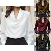 女式时尚T恤秋冬季亚马逊欧美女装新款缎面荡领气质优雅上衣女