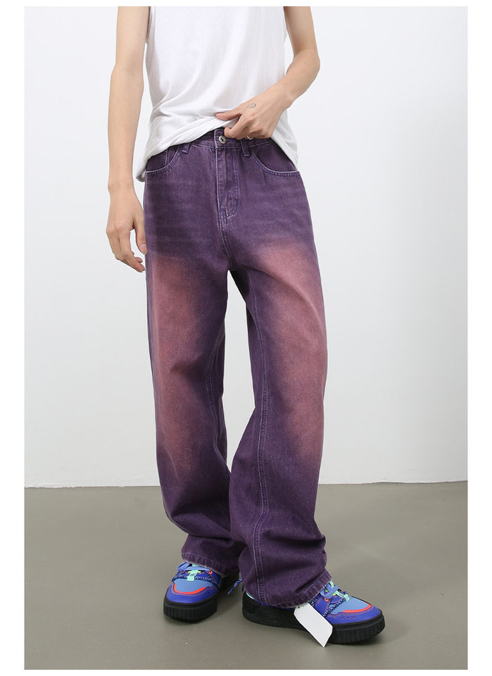 Quần jean nam ống rộng phong cách retro, cạp vừa, dáng đứng, dài chấm gót — Màu hồng, Màu tím, Xanh lam nhạt, Xanh lục cũ chi tiết 14