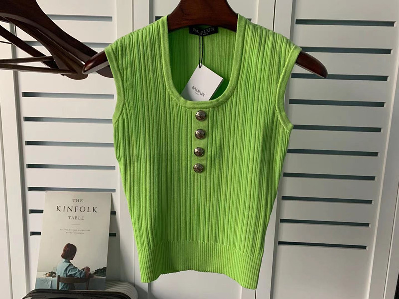 Spring and Autumn New Balmain U-collar Knitted Metal Buckle Solid Color Sleeveless T-shirt Women