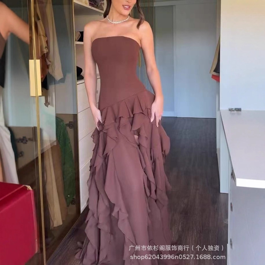 2025 New Style Coat European and American Short-Sleeved Cross-Border Waist-Cinching Sexy Fashion Strapless Side Slit Evening Dress