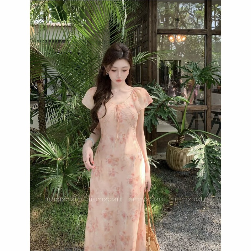 Lingxi Ziheyunying Light-Sleeve New Chinese-Style Elegant French Summer Slimming Floral Dress with Small Flying Sleeves Lingxi Ziheyunying Light-Sleeve New Chinese-Style Elegant French Summer Slimming Floral Dress with Small Flying Sleeves