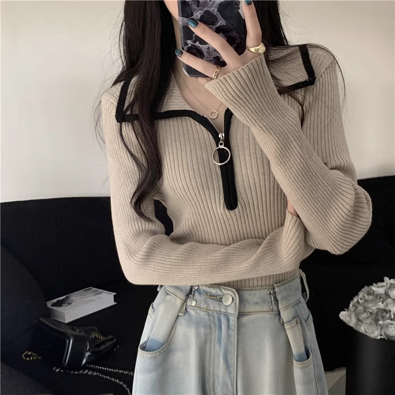 Design Color Contrast Half-zipper Lapel Sweater Women's Autumn and Winter New Base Slim-fit Slim-fit Sweater Top Women's Clothing Design Color Contrast Half-zipper Lapel Sweater Women's Autumn and Winter New Base Slim-fit Slim-fit Sweater Top Women's Clothing