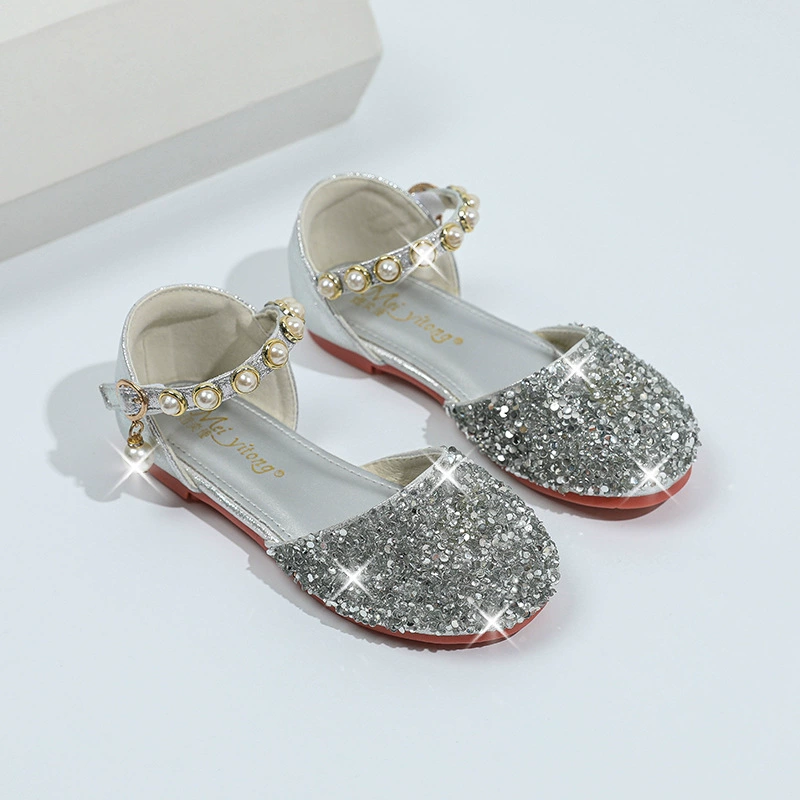Обувь принцессы для девочек 2024 весна и осень новая мода одиночная обувь для детей серебристая кожаная обувь на мягкой подошве хрустальная обувь