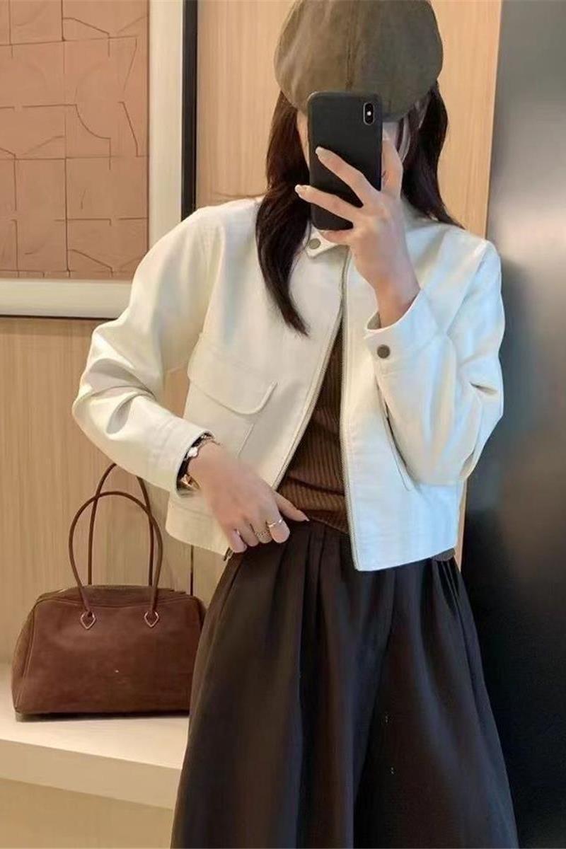 Korean Style Off-White Pu Leather Short Motorcycle Leather Jacket for Women Autum New Retro Trendyy Stand-Up Collar Leather Jacket