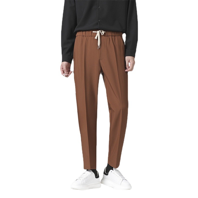 Pantalones casuales rectos drapeado pantalones de traje con cordones pantalones de traje delgados pantalones de cintura elástica suelta para hombres pantalones largos casuales de todo fósforo moda