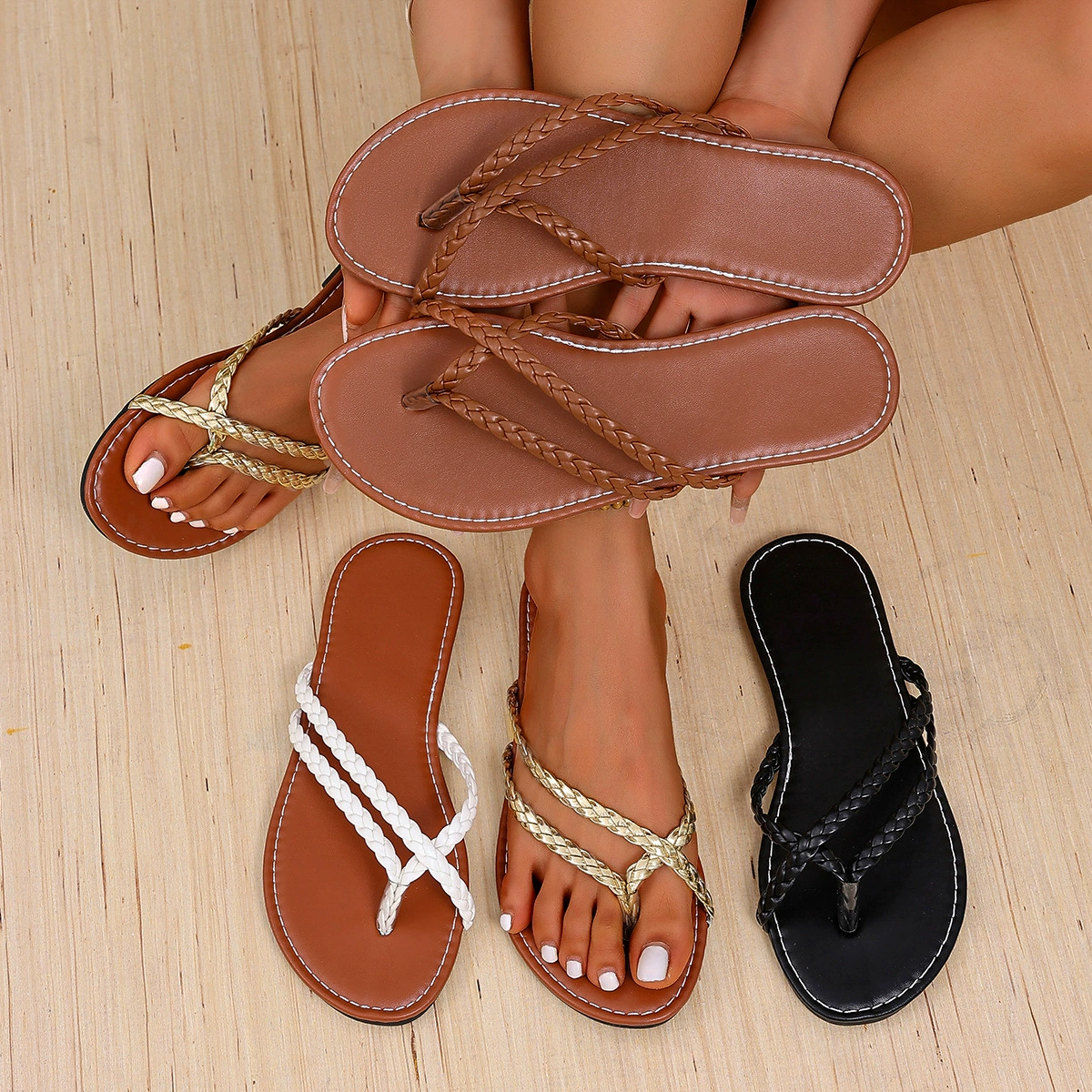 Летние пляжные шлепанцы больших размеров 2025 года, новые, экспортные, с плетеными ремешками, простые и модные, женские, плоские сандалии и тапочки для женщин