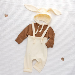 寶寶春秋裝豎紋坑條舉重褲背帶褲套裝嬰兒A類棉新生兒空調居家服