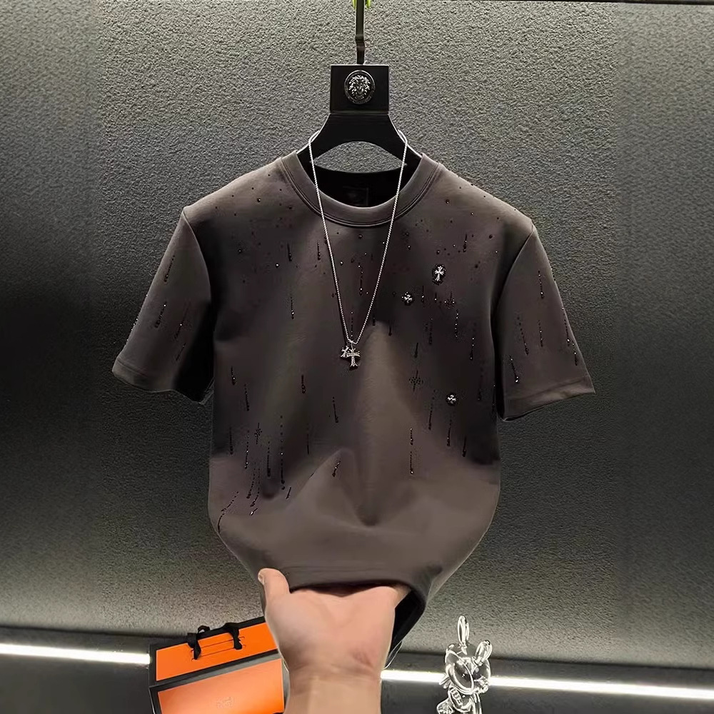Primavera 2025 T-shirt da uomo di lusso a maniche corte, girocollo, con meteorite e strass, personalizzata in poliestere di alta qualità_voghion.com