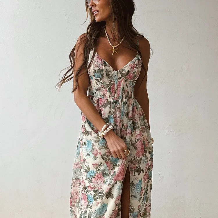 2026 European and American Style Vintage Print Spaghetti Strap Long Dress V-Neck Waist-Cinching High Slit Vacation Style Dress