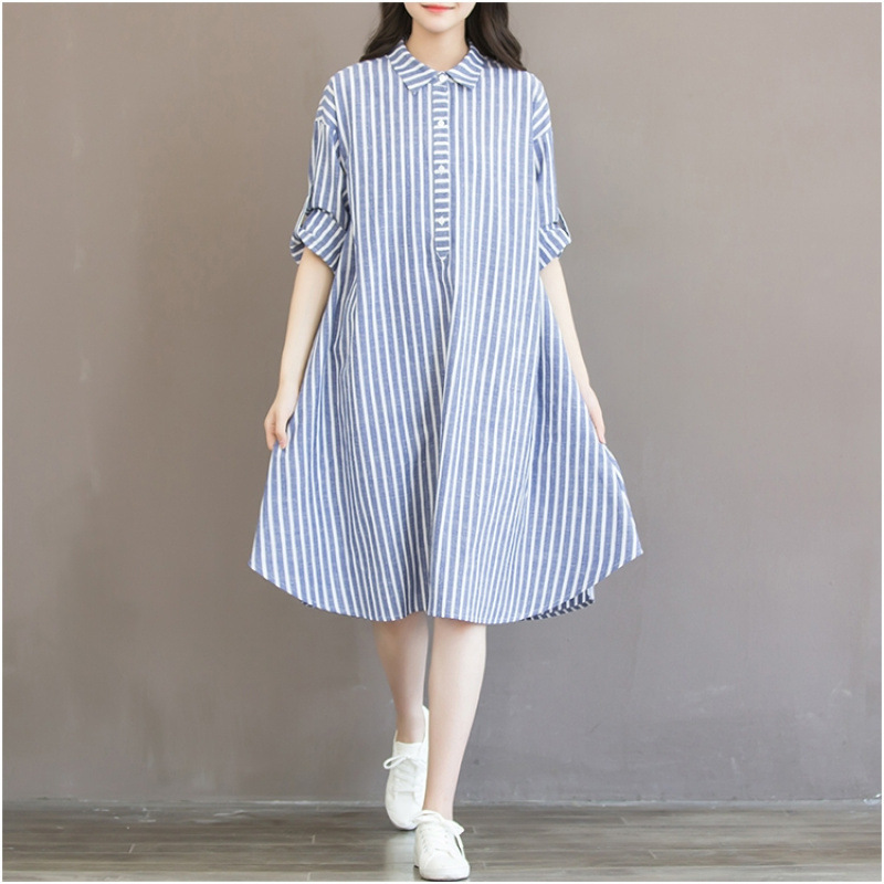 Autumn Plus Size Fat mm Mid-Length Vertical Stripesd Shirt Cotton and Linen Maternity Dress Shirt Dress 100kg